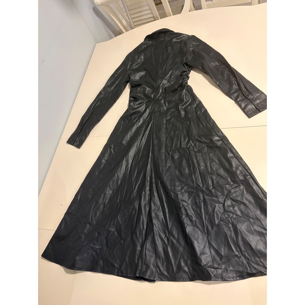Zara Black Faux Leather Midi Dress Long Sleeve Snap Front Ruched Waist XS